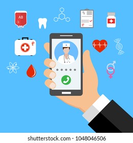 Mobile medicine, online doctor. Hand holding smartphone with medical app. Modern flat design graphic concept, thin line icons set for web banners, websites, infographics