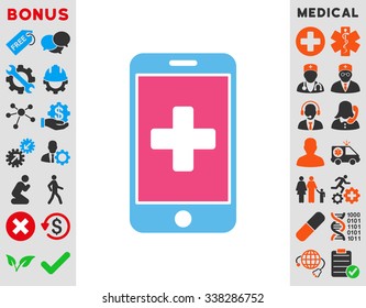 Mobile Medicine vector icon with bonus. Style is bicolor flat symbol, pink and blue colors, rounded angles, white background.