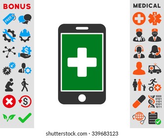 Mobile Medicine vector icon with bonus. Style is bicolor flat symbol, green and gray colors, rounded angles, white background.