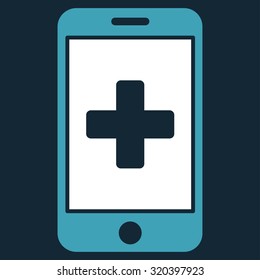 Mobile Medicine vector icon. Style is bicolor flat symbol, blue and white colors, rounded angles, dark blue background.