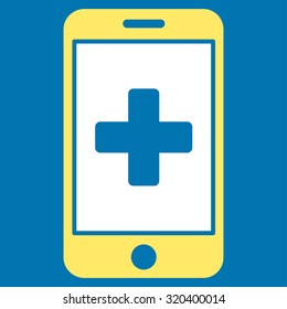 Mobile Medicine vector icon. Style is bicolor flat symbol, yellow and white colors, rounded angles, blue background.