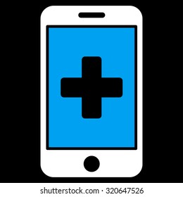 Mobile Medicine vector icon. Style is bicolor flat symbol, blue and white colors, rounded angles, black background.