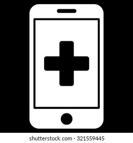 Mobile Medicine vector icon. Style is flat symbol, white color, rounded angles, black background.