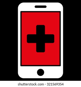 Mobile Medicine vector icon. Style is bicolor flat symbol, red and white colors, rounded angles, black background.
