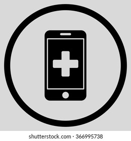 Mobile Medicine vector icon. Style is flat circled symbol, black color, rounded angles, light gray background.