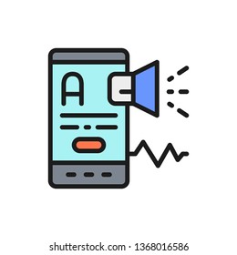 Mobile with megaphone, foreign language, translation, marketing, promotion flat color line icon.