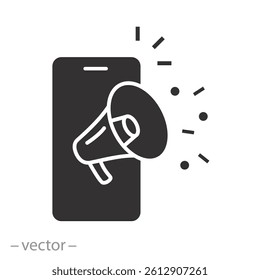 mobile with megaphone, outline promo blog, digital marketing icon, campaign sign, flat vector illustration