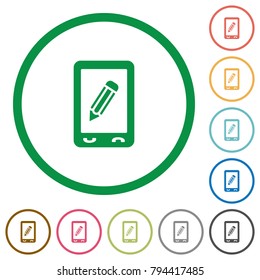 Mobile memo flat color icons in round outlines on white background