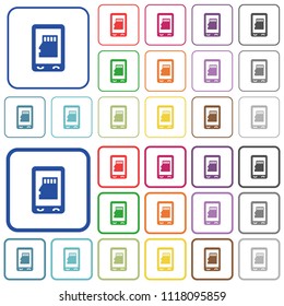 Mobile memory card color flat icons in rounded square frames. Thin and thick versions included.