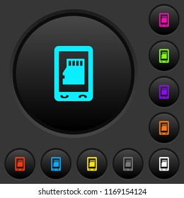 Mobile memory card dark push buttons with vivid color icons on dark grey background