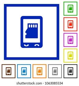 Mobile memory card flat color icons in square frames on white background