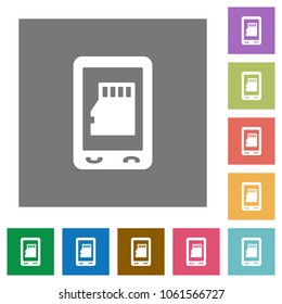 Mobile memory card flat icons on simple color square backgrounds