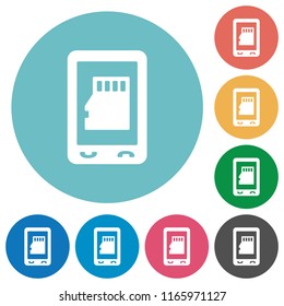 Mobile memory card flat white icons on round color backgrounds