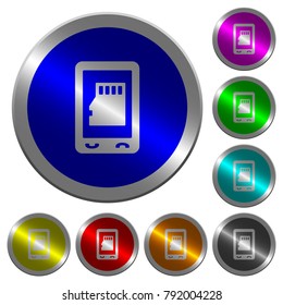 Mobile memory card icons on round luminous coin-like color steel buttons