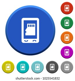 Mobile memory card round color beveled buttons with smooth surfaces and flat white icons