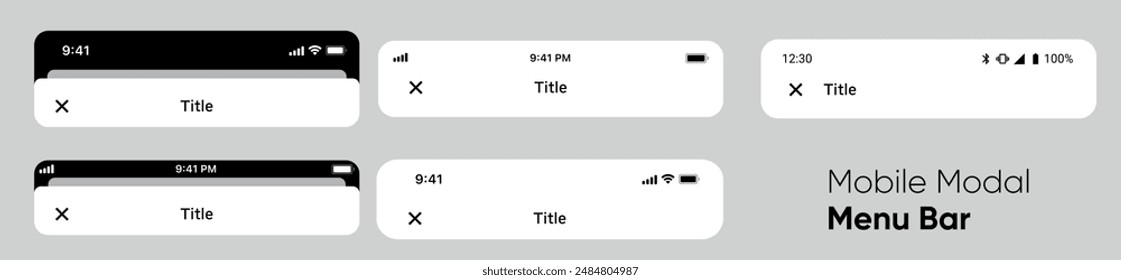 Mobile menu bar ui template with cellular icons. Iphone and android smartphone modal collection