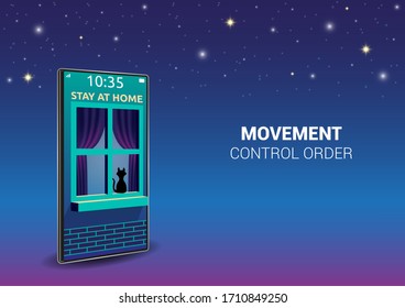 Mobile message. Movement control order, stay at home with night background. Isometric vector concept. Prevention of spreading the coronavirus.