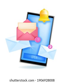 Mobile Message Notification, New Alert Vector Icon, Alarm Or Notice Illustration With Smartphone, Bell, Envelopes. Email, Sms, Chat Reminder With Phone Screen, Numbers. Smartphone Notification Logo