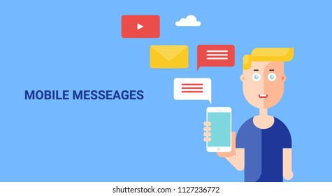 Mobile messages - mobile marketing, ads - flat design banner isolated on light background