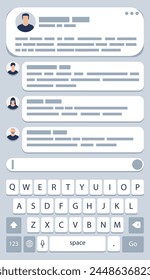 Mobile Messaging App Page with Keyboard. Instant Messaging Screen. Flat User Interface Application. Messaging SMS App for Smartphone, Social Media Network. Vector Illustration