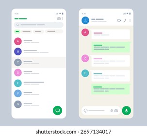 mobile messaging application interface chat list screen and conversation with message bubbles concepts of communication digital interaction mobile apps UI user interface