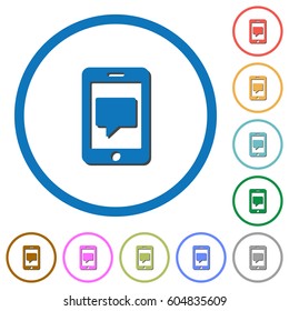 Mobile messaging flat color vector icons with shadows in round outlines on white background