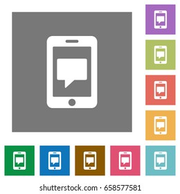 Mobile messaging flat icons on simple color square backgrounds