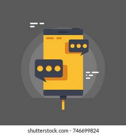 Mobile messaging, message dispatch advertising vector 3d concept, pop-up messages, smartphone bubble message flat illustration isolated on dark gray background