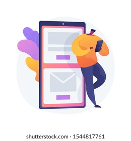 Mobile Messaging. Modern Communication Technology, Online Chatting, SMS Texting. Modern Leisure Activity. Guy Checking Email Inbox With Smartphone. Vector Isolated Concept Metaphor Illustration