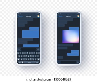 Mobile messanger application mock up on two screen with keyboard. Smart phone concept of chat app in realistic 3d style. Place your text and picture in vector realistic template.