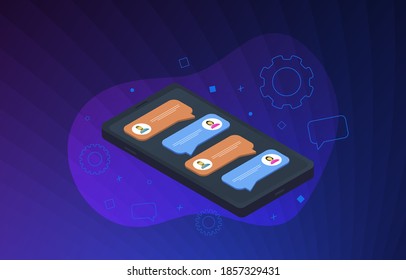 Aplicación de mensajería móvil para comunicarse con amigos, compañeros de trabajo, mensajes de grupo de mensajes de texto, chatbots. Teléfono móvil en línea charlando con un smartphone. Charlas en pantalla con burbujas y mensajes de texto.