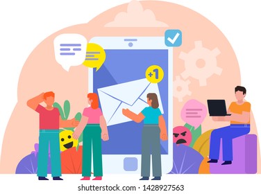 Mobile messenger app, send or receive email. People stand near big phone and chat, talk. Poster for social media, web page, banner, presentation. Flat design vector illustration