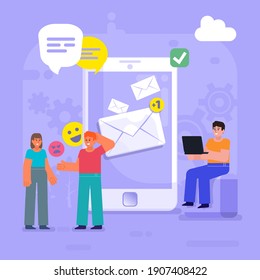 Mobile messenger app, send or receive email. Group of people stand near big phone and chat, talk. Modern vector illustration