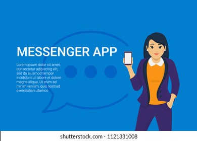 Mobile messenger app for texting messages to colleagues. Concept flat vector illustration of young business woman holds smartphone with speech bubble for corporate texting and sharing projects data