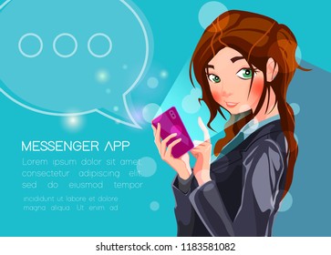 Mobile messenger app for texting messages to colleagues. Concept flat vector illustration of young business woman holds smartphone with speech bubble for corporate texting and sharing projects data.