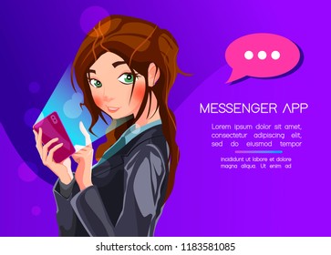 Mobile messenger app for texting messages to colleagues. Concept flat vector illustration of young business woman holds smartphone with speech bubble for corporate texting and sharing projects data.