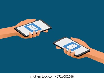 Mobile messenger app for texting messages to friends. Concept flat neon vector illustration of two human hands hold smartphones with speech bubbles on screen, they texting and sharing news.