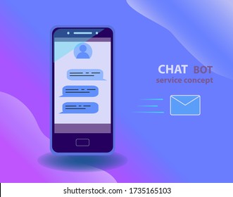 Mobile messenger app for texting messages by chat bot. Concept flat neon vector illustration of smartphone with speech bubble on application for texting.