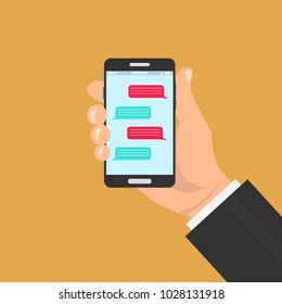 Mobile messenger chat, hands with smartphone. Vector illustration.