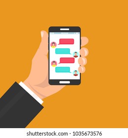 Mobile messenger chat, hands with smartphone. Vector illustration.