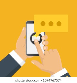 Mobile messenger chat, hands with smartphone sending a message. Isometric flat design, vector illustration