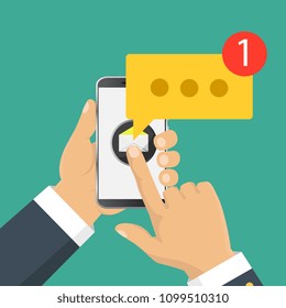 Mobile messenger chat, hands with smartphone sending a message. Isometric flat design, vector illustration