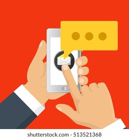 Mobile messenger chat, hands with smartphone sending a message. Isometric flat design, vector illustration