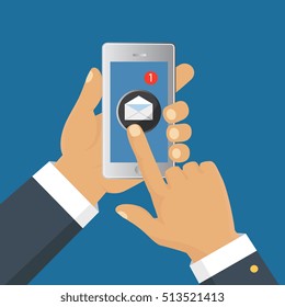Mobile messenger chat, hands with smartphone sending a message. Isometric flat design, vector illustration
