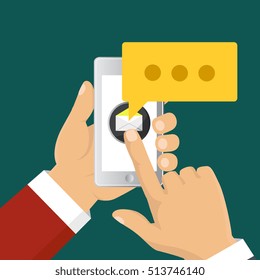 Mobile messenger chat, hands with smartphone sending a message. Isometric flat design, vector illustration