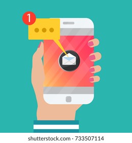 Mobile messenger chat, hands with smartphone sending a message. Isometric flat design, vector illustration