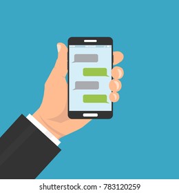 Mobile messenger chat, hands with smartphone. Vector illustration.