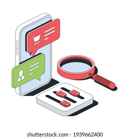 chat de mensajero móvil, amplificador, ajustes, ilustración de trazo. Vector 3d línea isométrica, iconos de color web, nuevo estilo plano. Idea de diseño creativo para infografías.
