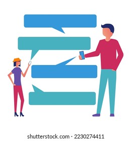 Mobile messenger concept. Man and a woman with smartphone in their hands use messenger. Vector illustration flat design. Isolated on white background. Clouds for text.
