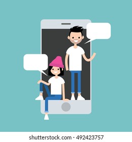 Mobile messenger concept. Millennial friends chatting inside the smart phone's screen / Editable flat vector illustration